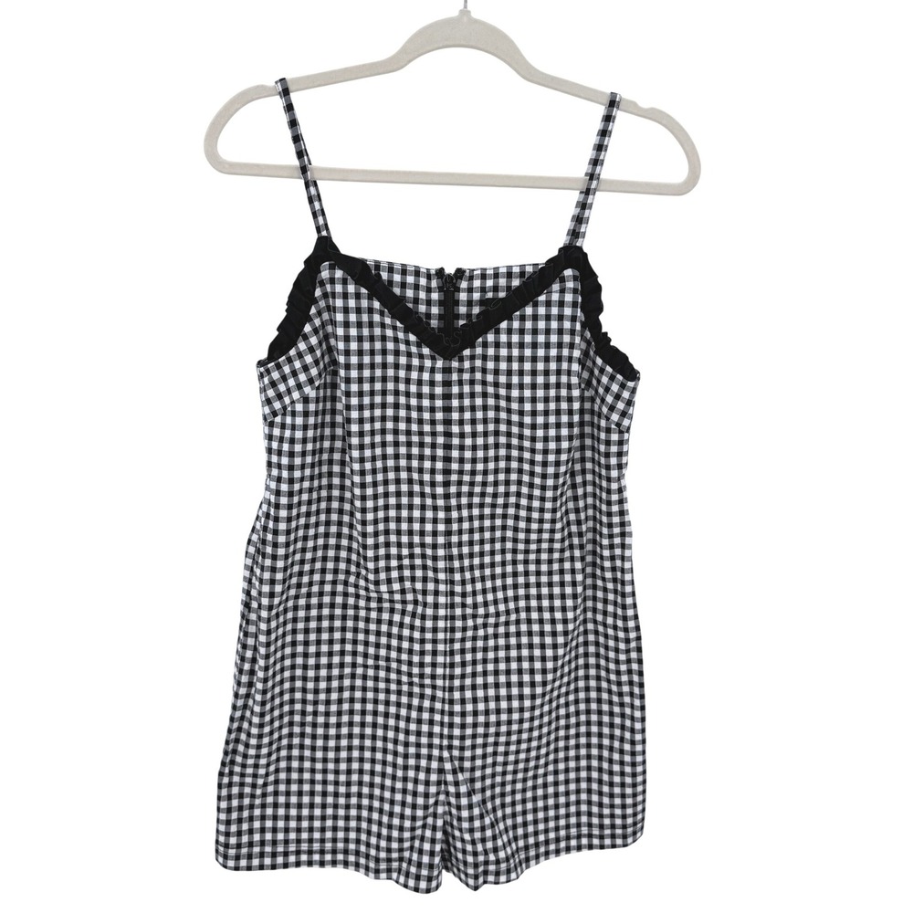 Topshop Black White Gingham Ruffle Romper Metallic Silver Thread Womens 6 V-Neck
